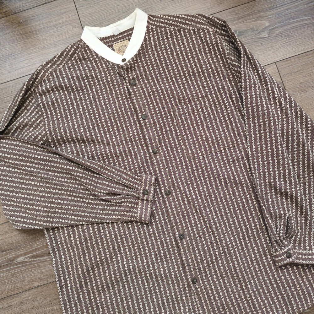 Wah Maker Frontier Shirt Brown Stripe Band Collar Western USA Made‎ XXL